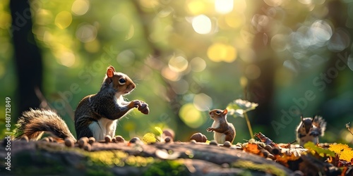 Squirrel teaching economics to woodland creatures using acorns in sunny forest. Concept Animals, Economics, Education, Nature, Fun