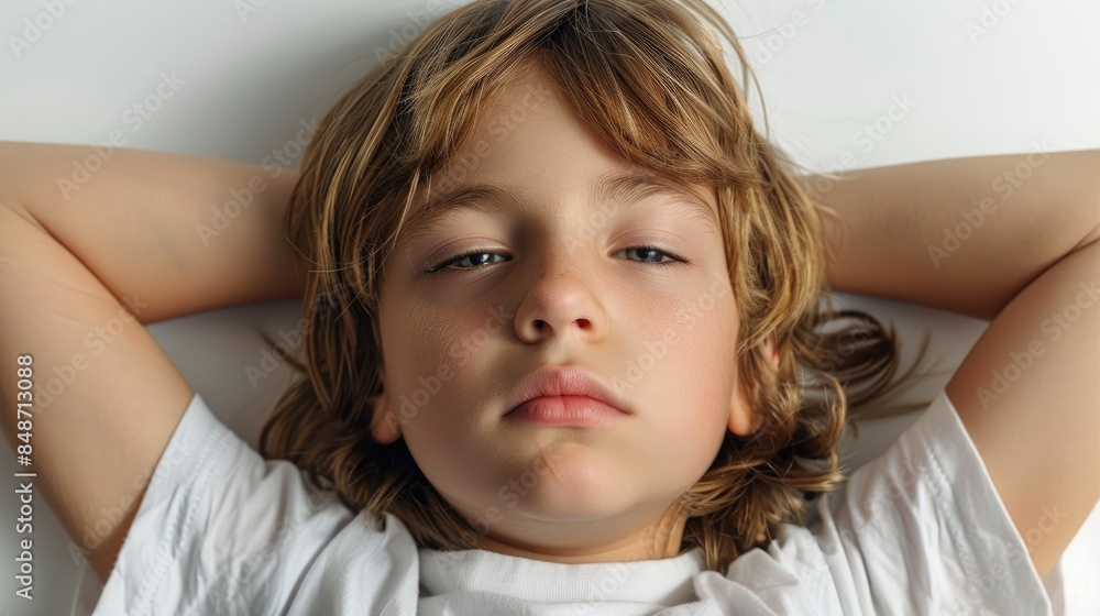 Effects of inadequate sleep on a weary ten year old against a clean white background Effects of inadequate sleep on a weary ten year old against a clean white background