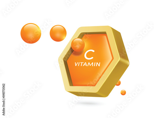 Orange vitamin C floats in mid-air, emerging from a golden hexagonal frame, Vitamin C for health supplement advertising design, vector 3d isolated on white background for banner design
