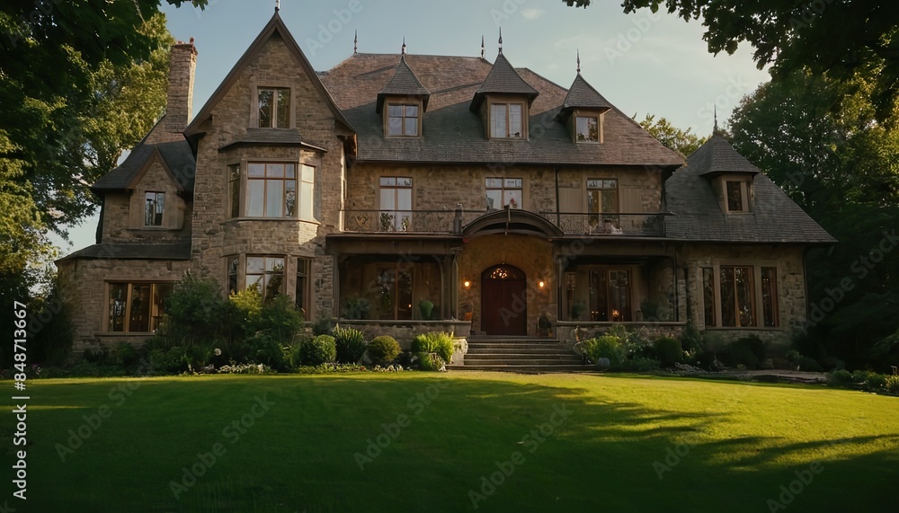 Modern Cozy Chalet Style House with Garage For Sale or Rent Large Garden and Lawn Clear Summer Evening with Soft Sky Warm Light with night view Modern Cozy Chalet Style House with Garage For Sale or Rent Large Garden and Lawn Clear Summer Evening with Soft Sky Warm Light with night view