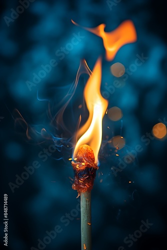 A burning matchstick on dark blue background smoke photo