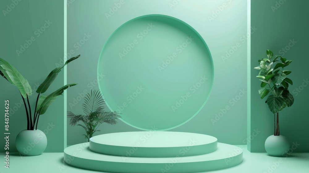 One Big Podium in Green Colour. Fashion show stage, pedestal, shop window with colorful themes. Minimal scene for product display One Big Podium in Green Colour. Fashion show stage, pedestal, shop window with colorful themes. Minimal scene for product display