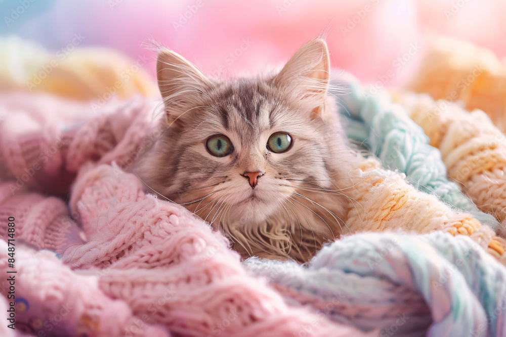Cute cat lying in colorful knitted blanket Cute cat lying in colorful knitted blanket