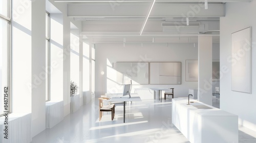 a modern art studio with minimalist aesthetics, showcasing a pristine white canvas on an easel © Goeth