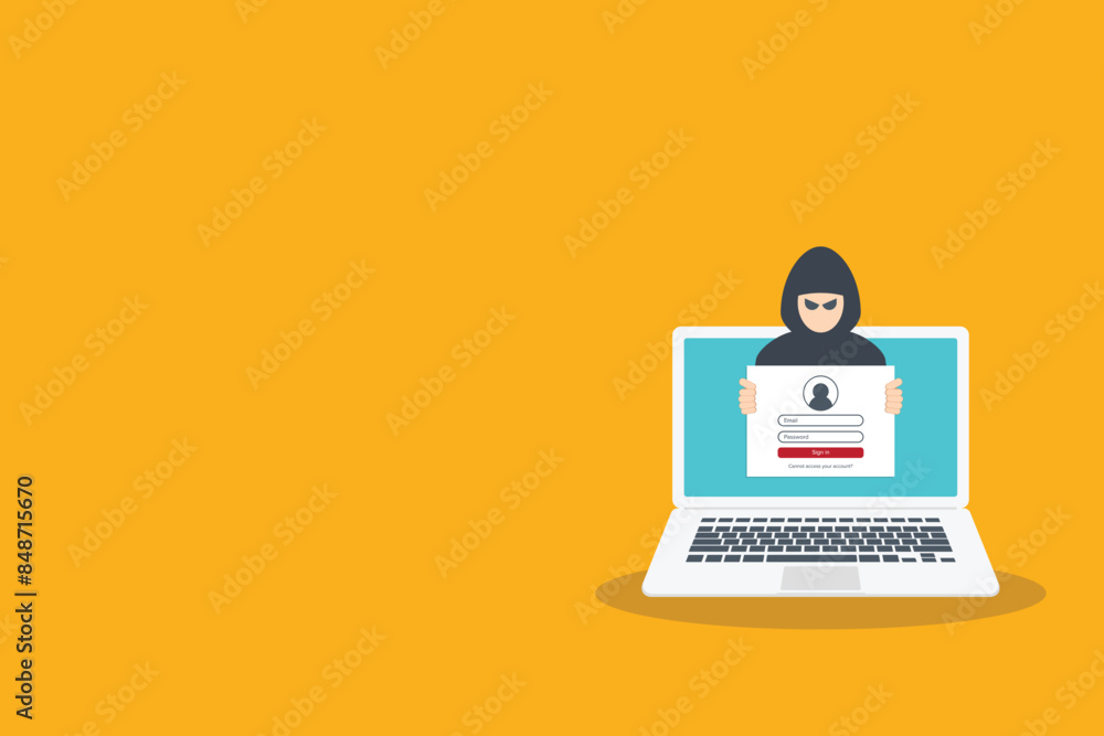 Hacker, cyber criminal looking for password trying to hack security. Credit card, bank account hacking. Vector illustration Hacker, cyber criminal looking for password trying to hack security. Credit card, bank account hacking. Vector illustration