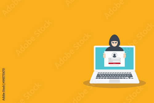 Hacker, cyber criminal looking for password trying to hack security. Credit card, bank account hacking. Vector illustration	