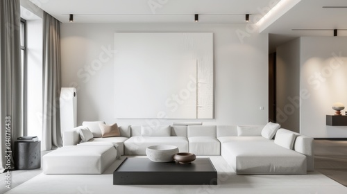 a modern chic living area with a minimalist sensibility, centered around a pristine white canvas on the wall