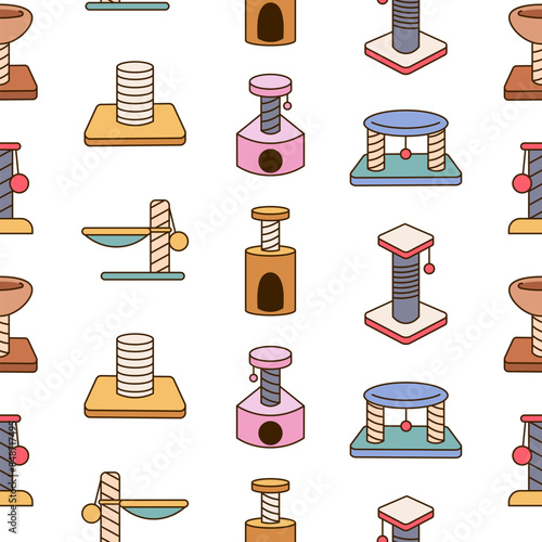 Scratching post for home cats. Seamless pattern. Kitty houses and furniture. Veterinary shop merchandise. Hand drawn style. Vector drawing. Design ornaments.