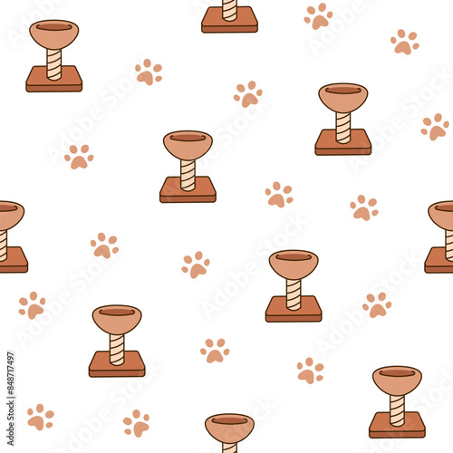 Scratching post for home cats. Seamless pattern. Kitty houses and furniture. Veterinary shop merchandise. Hand drawn style. Vector drawing. Design ornaments.
