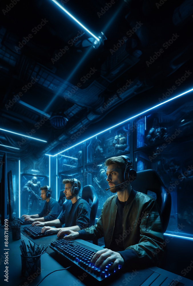 team of young gamers in a torunament of e-sports, photo realistic illustration team of young gamers in a torunament of e-sports, photo realistic illustration