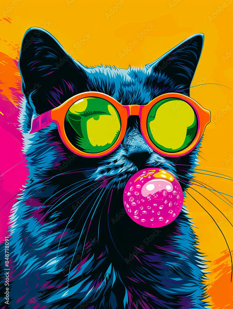Fototapeta A black cat with sunglasses and a bubble gum.