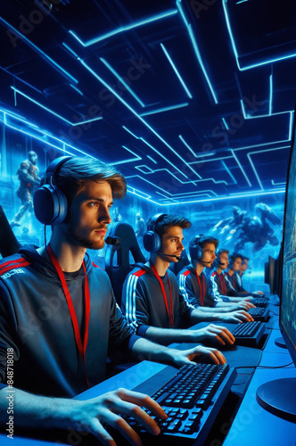 team of young gamers in a torunament of e-sports, photo realistic illustration photo