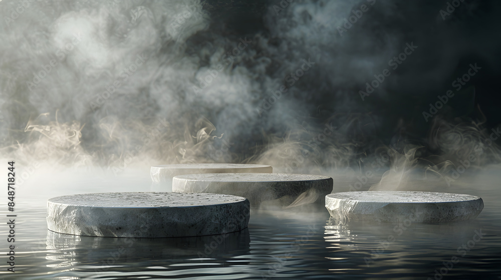 Abstract minimal concept. Dark background with natural granite stones podium on water and smoke surrounding. Mock up template for product presentation. 3D rendering. copy text space Abstract minimal concept. Dark background with natural granite stones podium on water and smoke surrounding. Mock up template for product presentation. 3D rendering. copy text space