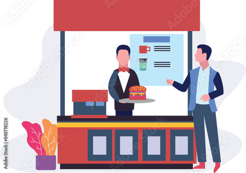 A boy is buying burger from a stall.