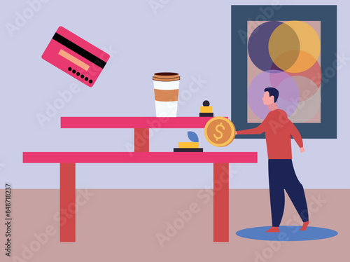 A boy is buying coffee from cafe.