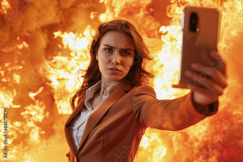 Reckless businesswoman taking a selfie, oblivious to the hellish inferno around her
