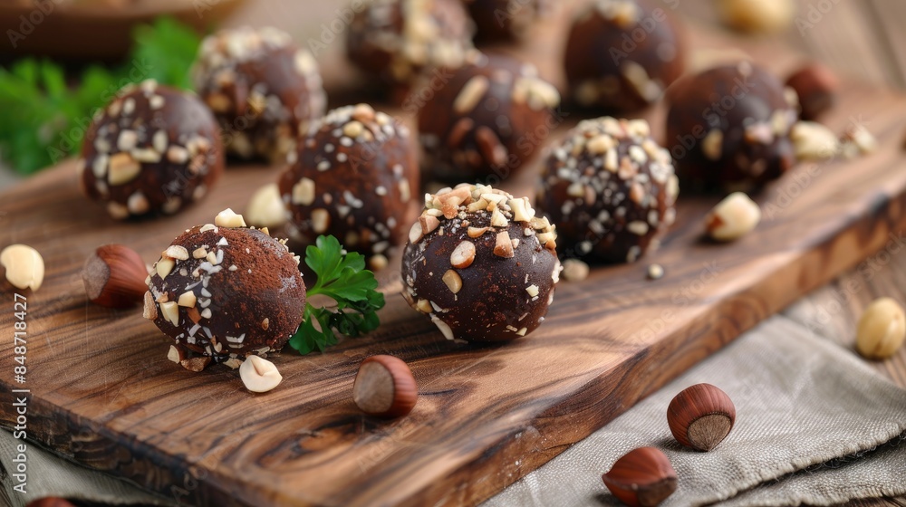 Dark chocolate truffles with hazelnuts on a wooden chopping board Dark chocolate truffles with hazelnuts on a wooden chopping board