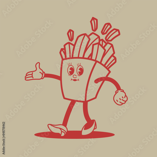 Cartoon character. Retro character of french fries. Rubber hose french fries cartoon mascot. Design element for emblem, sign, poster, menu, card. Vector illustration