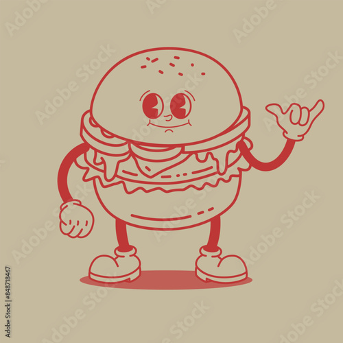 Cartoon character. Retro character of hamburger. Rubber hose burger cartoon mascot. Design element for emblem, sign, poster, menu, card. Vector illustration
