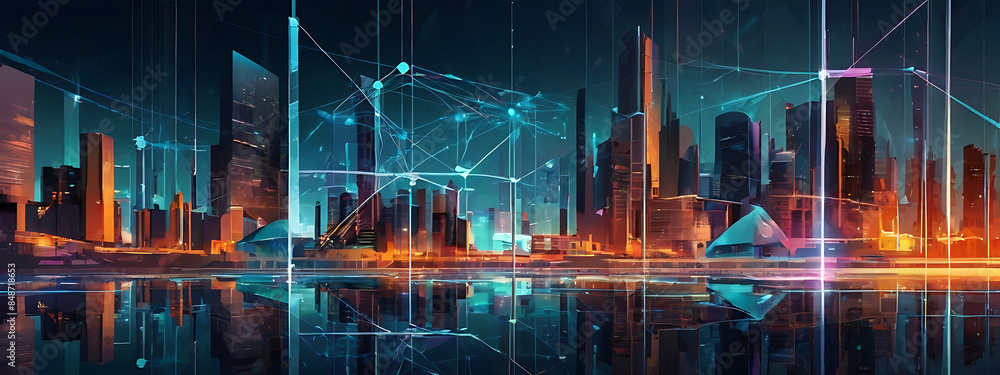 Obraz premium An abstract design reflecting the concept of smart cities, with interconnected networks, futuristic infrastructure, and digital interfaces portrayed through geometric shapes and a high-tech color pale