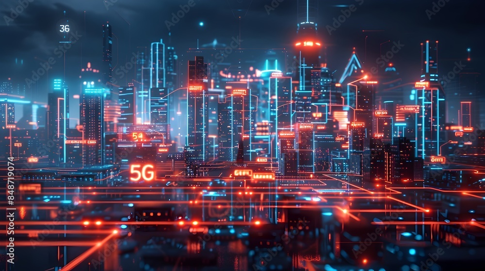 Futuristic 5G Technology Cityscape Illuminated by Bright Neon Lights Showcasing Digital Innovation and Wireless Connectivity Futuristic 5G Technology Cityscape Illuminated by Bright Neon Lights Showcasing Digital Innovation and Wireless Connectivity