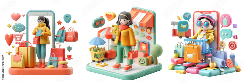 Digital Shopping Spree, Characters enjoying a virtual shopping spree with vibrant icons, Online Retail Adventure on a transparent background. Generative AI Digital Shopping Spree, Characters enjoying a virtual shopping spree with vibrant icons, Online Retail Adventure on a transparent background. Generative AI