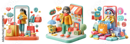 Digital Shopping Spree, Characters enjoying a virtual shopping spree with vibrant icons, Online Retail Adventure on a transparent background. Generative AI