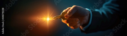 businessman holds a key with a bright light flare in the background, success and opportunity business concept.