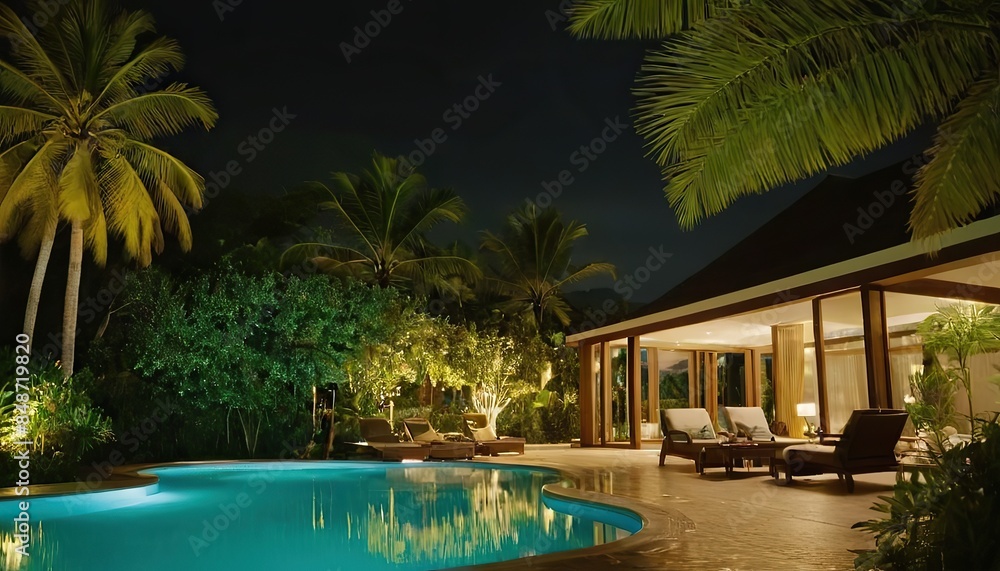 Fototapeta premium Night View Of Villa Resort With Swimming Pool