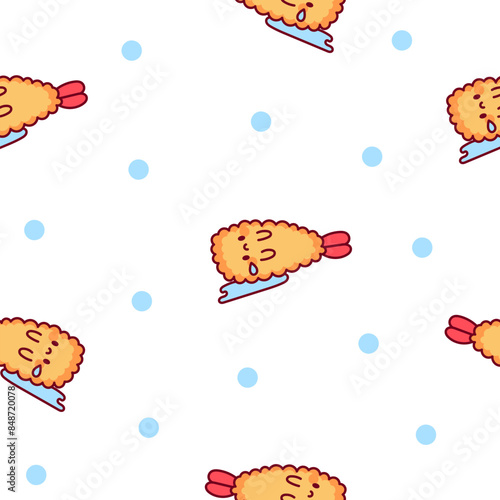 Funny tempura shrimp characters. Seamless pattern. Cute cartoon japanese food. Hand drawn style. Vector drawing. Design ornaments.
