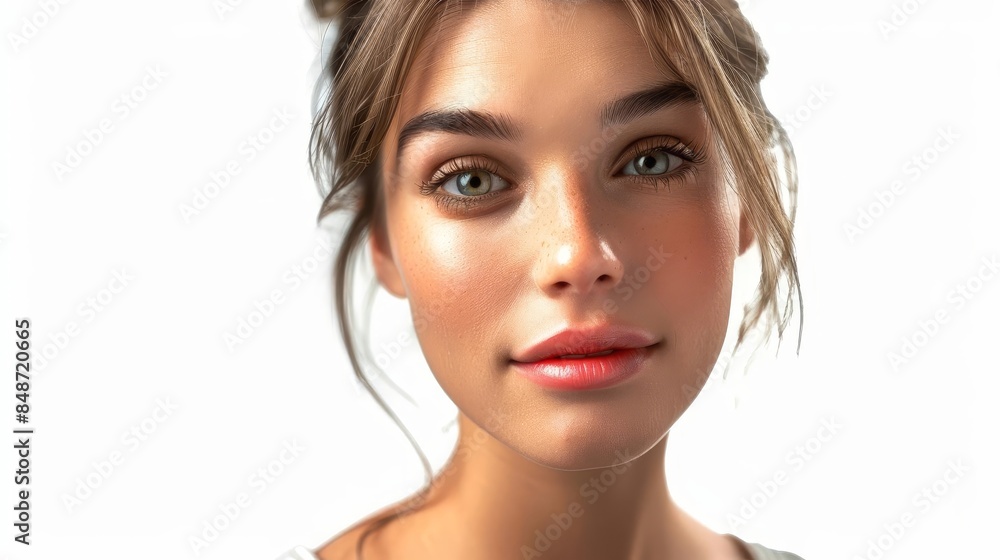 woman with a messy bun with a pink lip woman with a messy bun with a pink lip