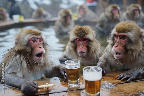 Group of intoxicated monkeys exhibiting drunken behavior
