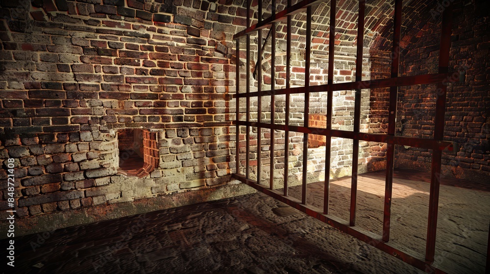 A brick prison cell with bars and windows. A brick prison cell with bars and windows.