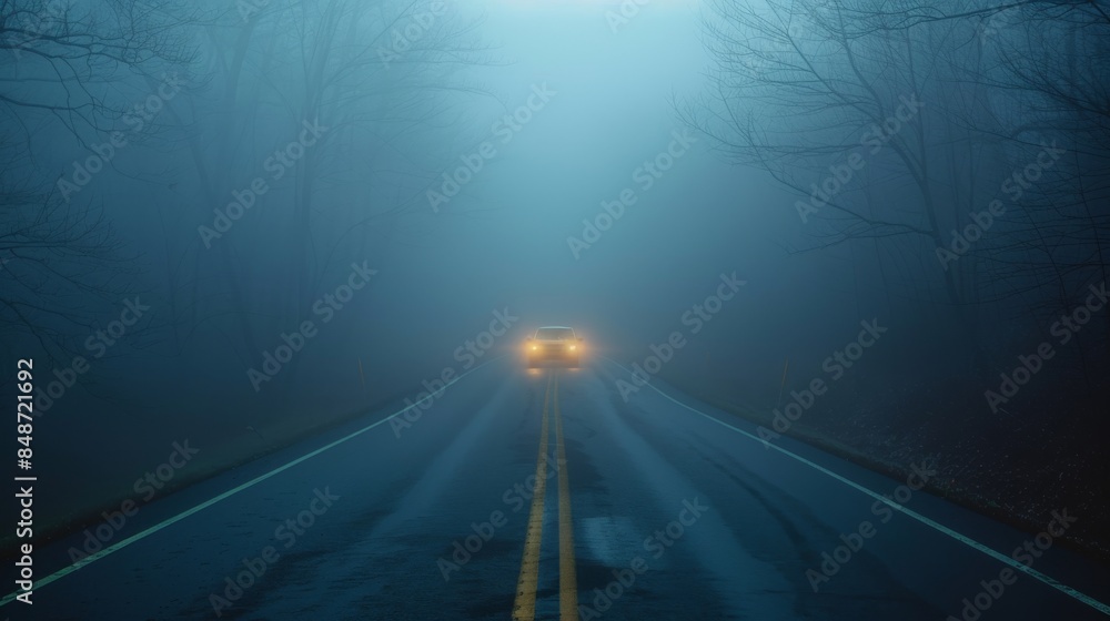 Car approaching on foggy road Car approaching on foggy road