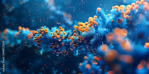Visual Representation of LDL Protein B100 Structure Interacting with Blue and Orange Lipids Cholesterol and Triglycerides. Concept Biochemistry, Protein Structure, Lipid Interaction, Cholesterol photo