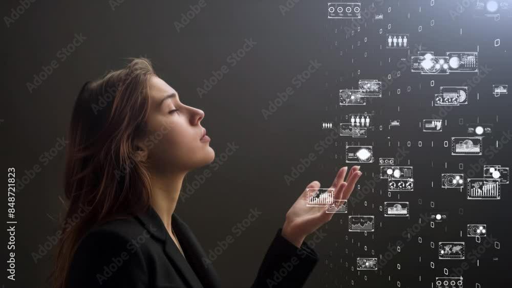 A business woman working in a futuristic digital world concept. A business woman working in a futuristic digital world concept.
