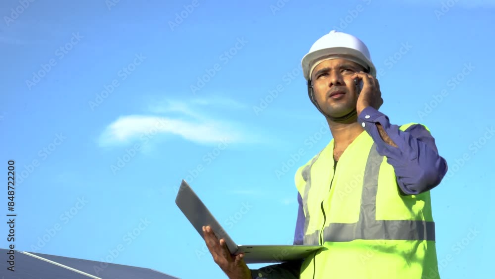 Indian male Engineer use laptop to inspect installation of solar panel or photovoltaic cell while talking on phone, Renewable clean energy technology concept, 4k Indian male Engineer use laptop to inspect installation of solar panel or photovoltaic cell while talking on phone, Renewable clean energy technology concept, 4k