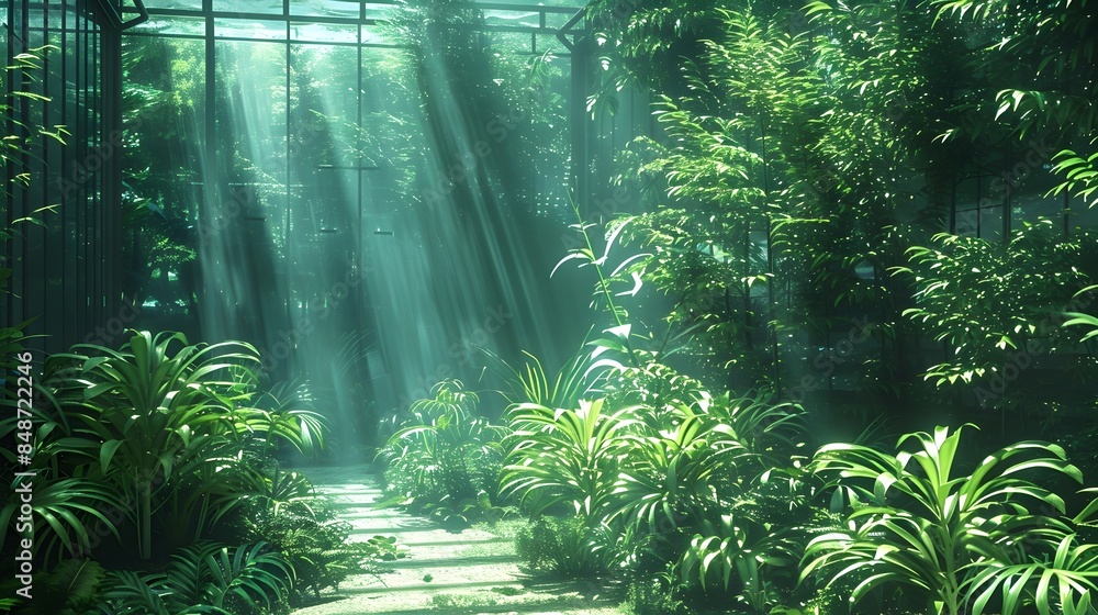 Digital Garden with Interactive Futuristic Elements in Lush Tropical Greenhouse Setting Digital Garden with Interactive Futuristic Elements in Lush Tropical Greenhouse Setting