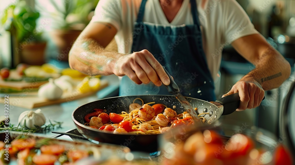 A man is cooking pasta in a pan.
