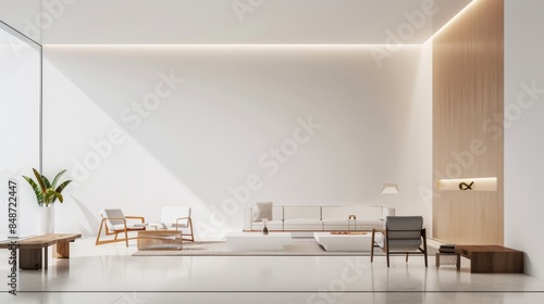 a modern lounge area with a sparse arrangement of furnishings, featuring a stark white backdrop