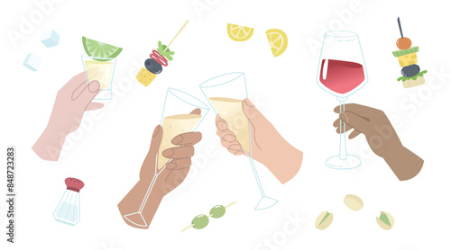 Set of human hands with drinks in glasses and snacks. Alcoholic beverages in hands. Time to relax after work in a restaurant or bar. Drinks at a party, picnic, celebration