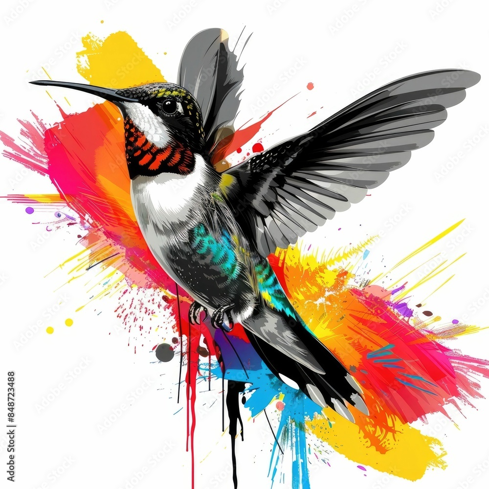 Fototapeta premium Stunning digital of a black and white hummingbird with its wings outstretched trailing a vibrant colorful explosion of paint splatters and dynamic energy behind it