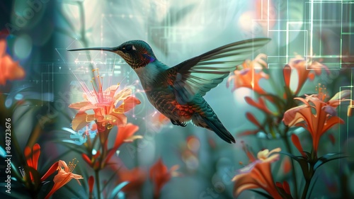 A vibrant hummingbird hovers in front of flowers with a futuristic abstract background. A blend of nature and technology in digital art.