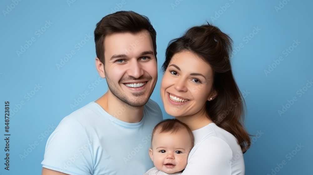 Perfect Family. Portrait Of happy mother, father and adorable Little Daughter Posing At Camera Perfect Family. Portrait Of happy mother, father and adorable Little Daughter Posing At Camera