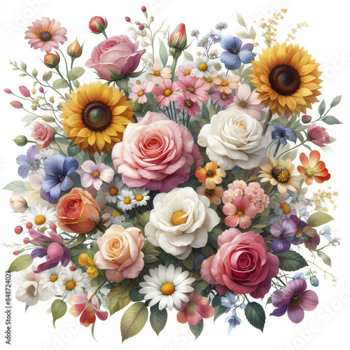 Exquisite depiction of a vibrant assortment of flowers featuring sunflowers, roses, and daisies