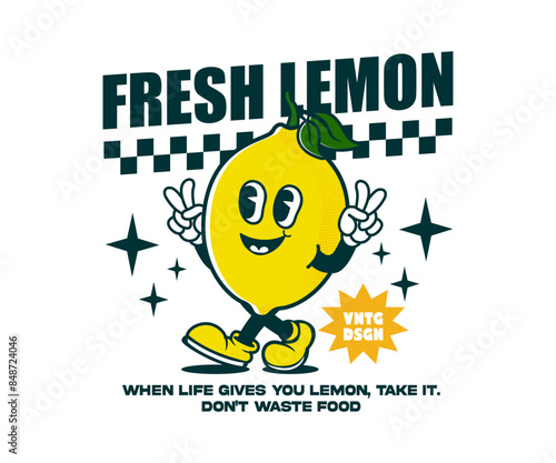 Funny cartoon character of lemon. design can be used as t shirt, sticker, poster, print design, apparel design. groovy vector illustration in retro style