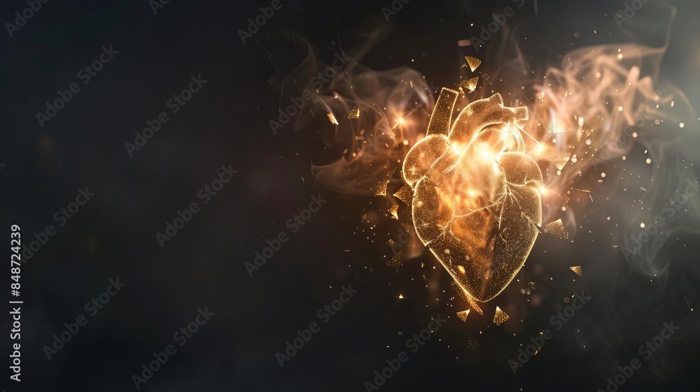 A person s heart made of light, breaking into fragments and floating upwards, dark background, ethereal, photorealistic A person s heart made of light, breaking into fragments and floating upwards, dark background, ethereal, photorealistic
