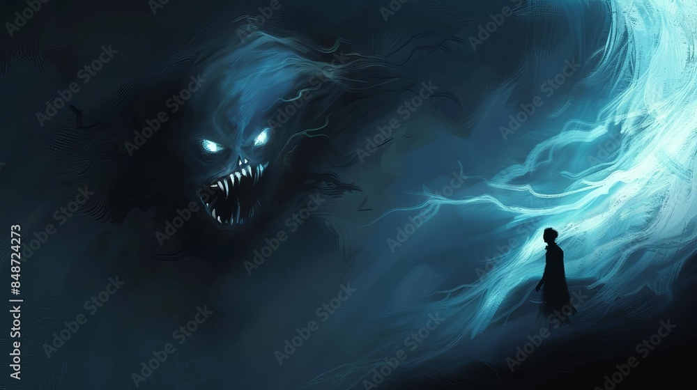 A person s shadow detaching and turning into a vengeful spirit, dark background, hightech, digital painting A person s shadow detaching and turning into a vengeful spirit, dark background, hightech, digital painting