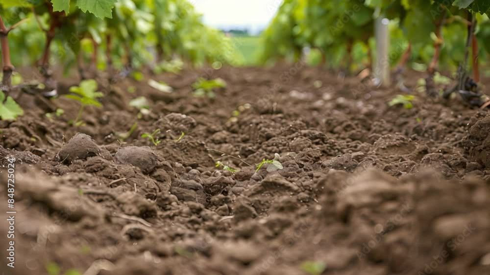 The rich soil of an organic vineyard provides the perfect nourishment for the rows of robust gvines. The rich soil of an organic vineyard provides the perfect nourishment for the rows of robust gvines.