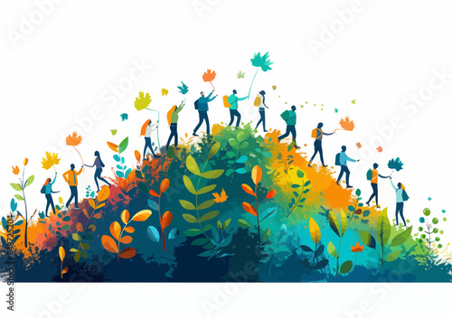 Business Teamwork Concept, Group of People Lifting Business Curve, Minimalistic Vector Illustration, Collaborative Success in Business, United Effort for Growth and Improvement, Daytime Illustration